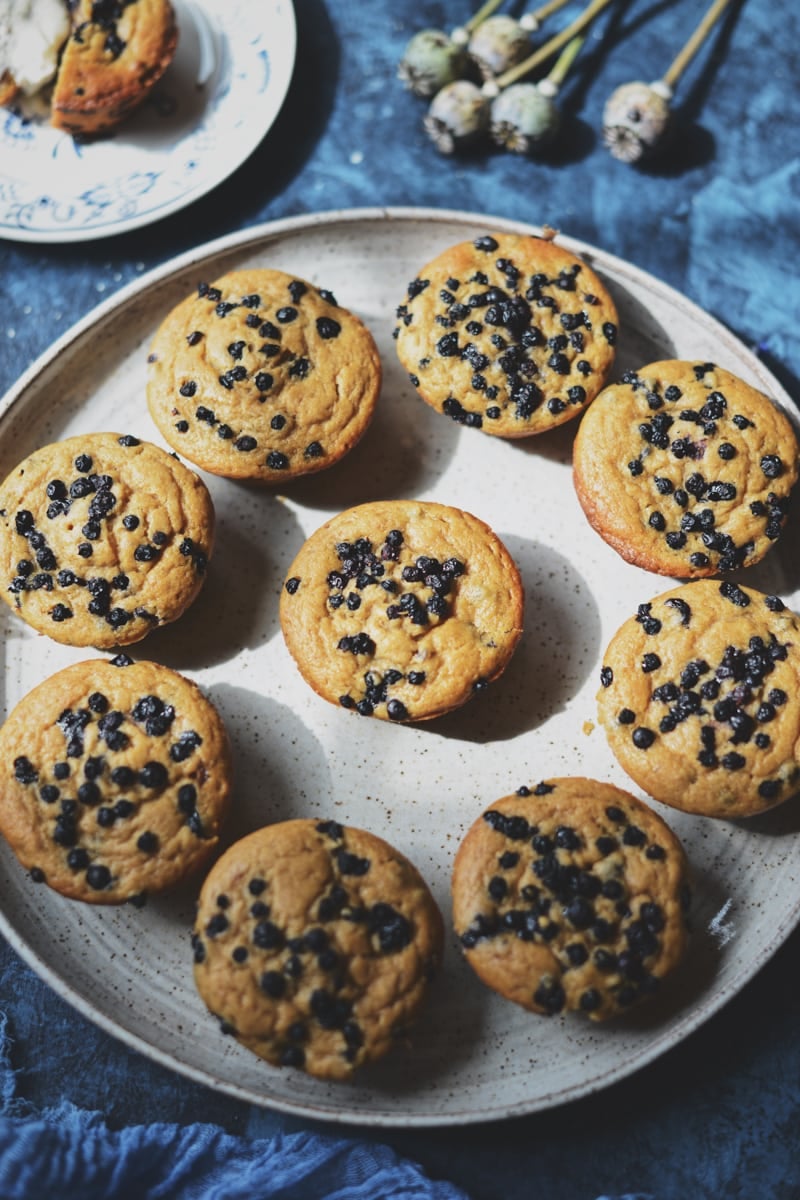 Top down view of vegan wild huckleberry muffins on a white ceramic plate and blue background.
