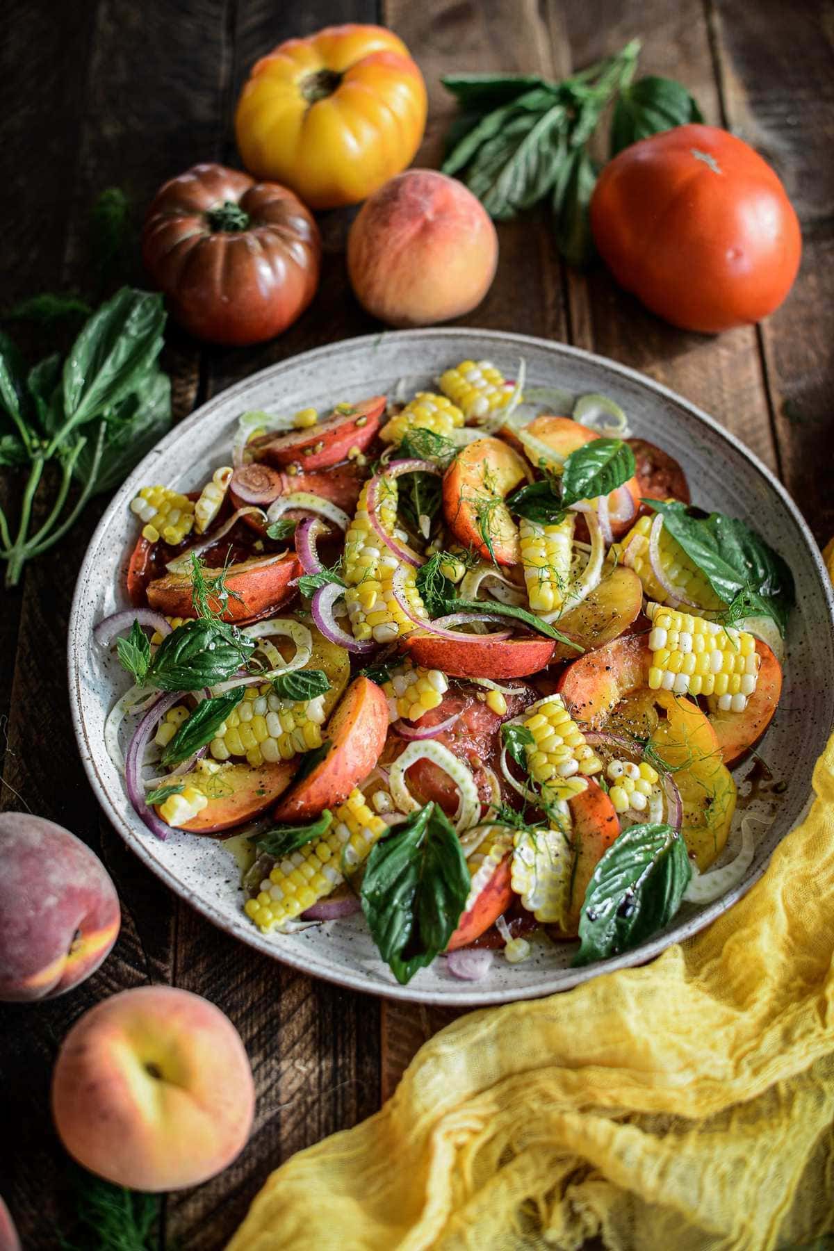 Fare Isle | Summer Tomato Corn and Peach Salad