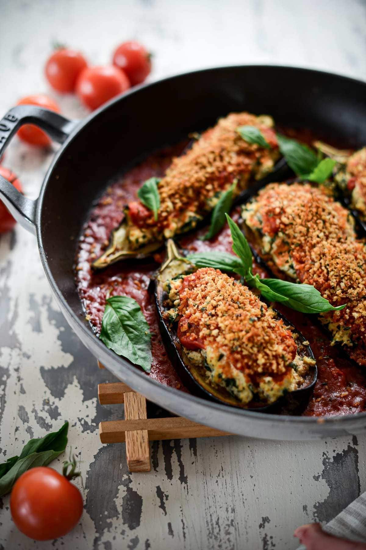 Fare Isle | Baked Vegan Ricotta and Kale Stuffed Baby Eggplant with Thyme Pangritata