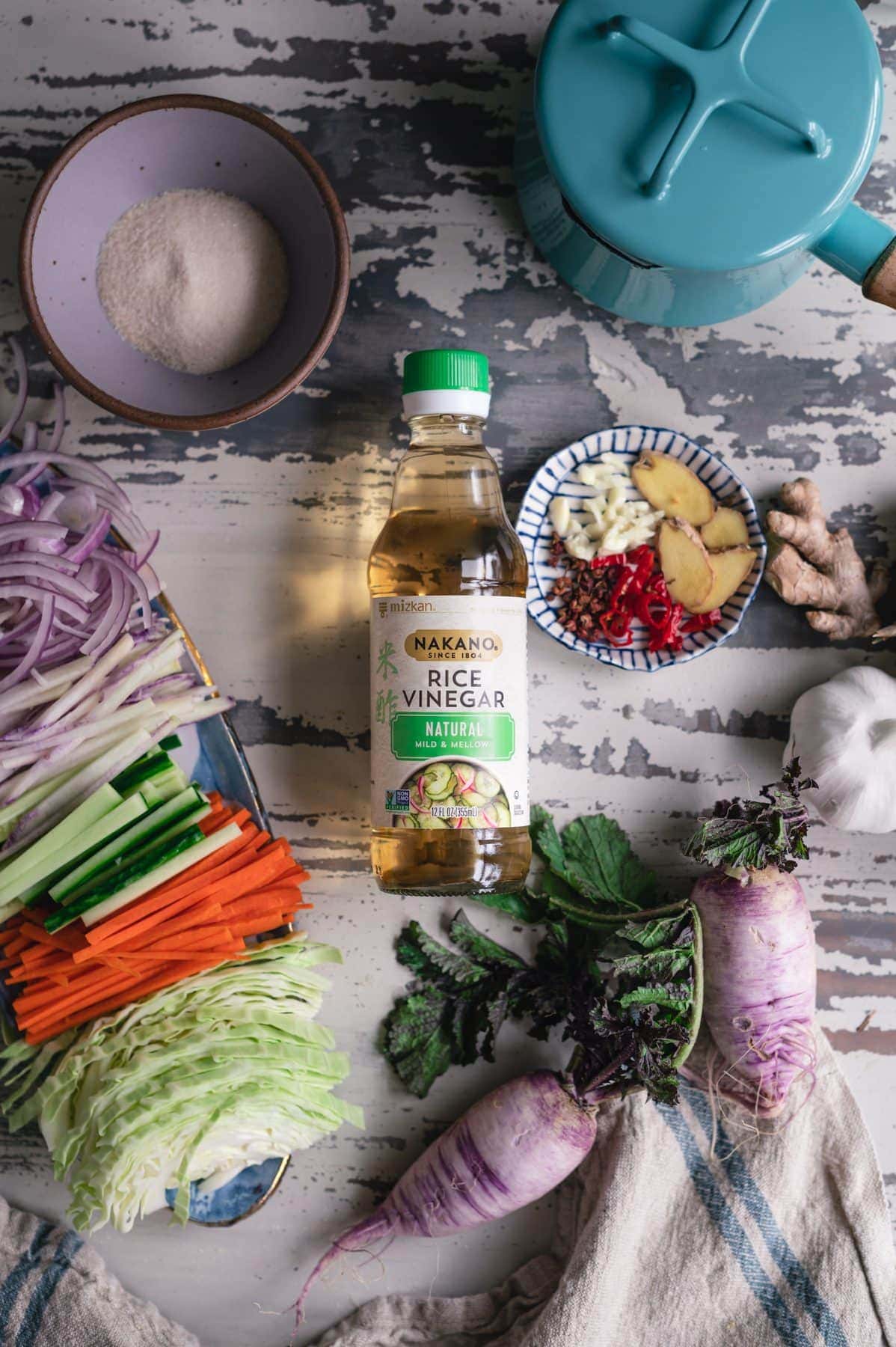 Top view of Vegan Bao Buns with Hoisin Mushrooms and Pickled Vegetables recipe ingredients on a tabletop