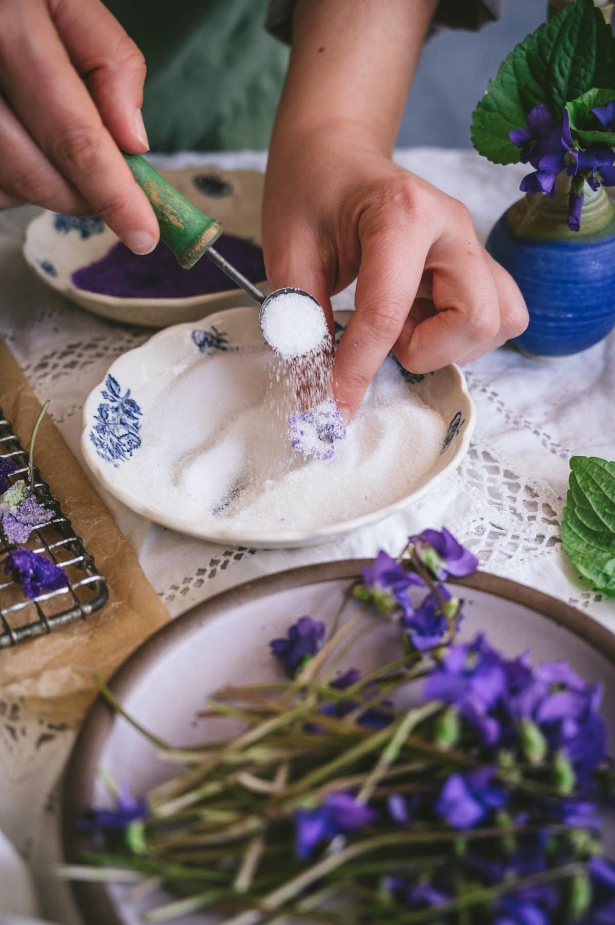 Sprinkling white superfine sugar onto a blue violet flower.