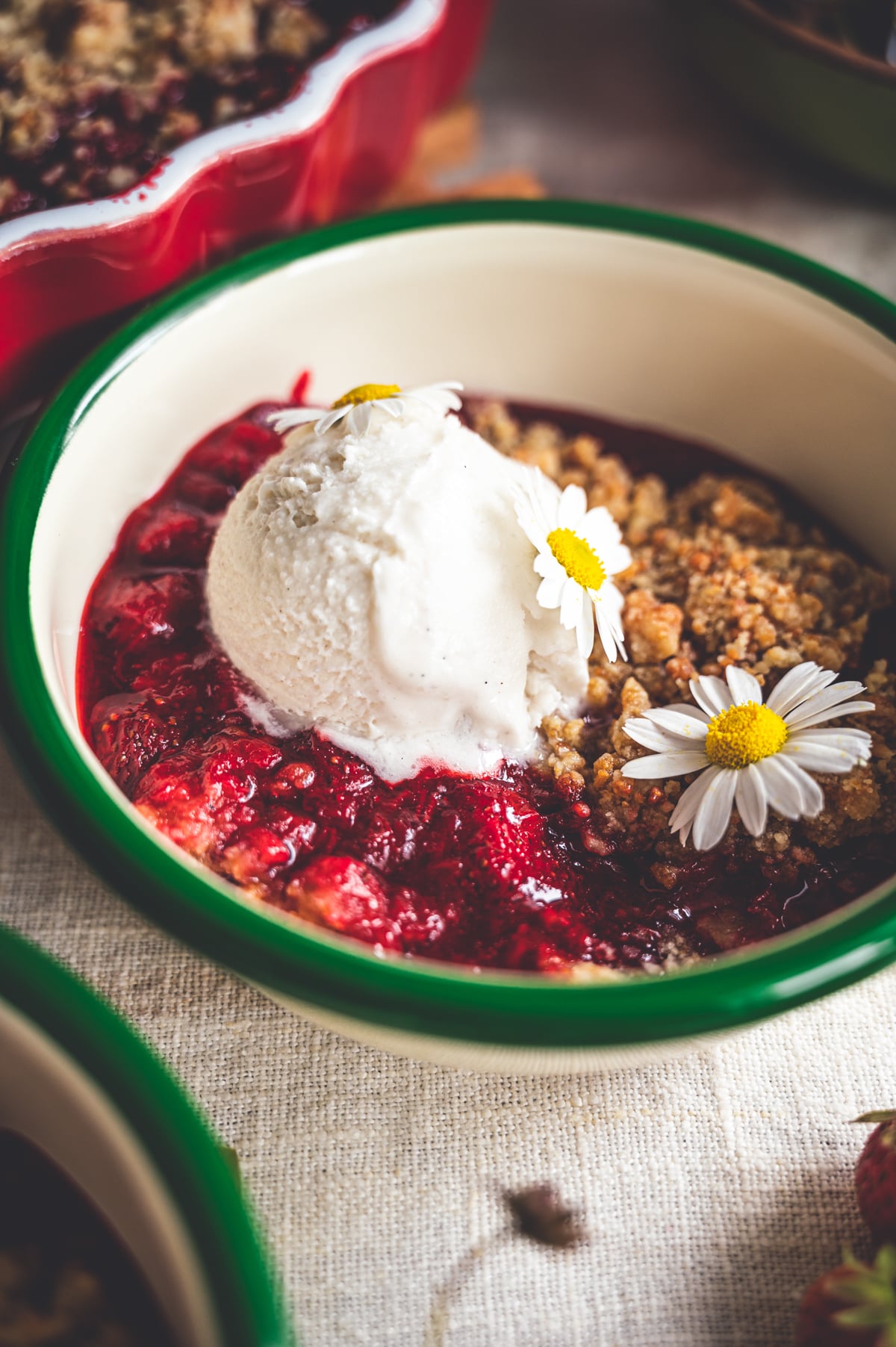 Strawberry rhubarb crumble topped with vanilla ice cream and daisy flowers served out in a white bowl with green trim.
