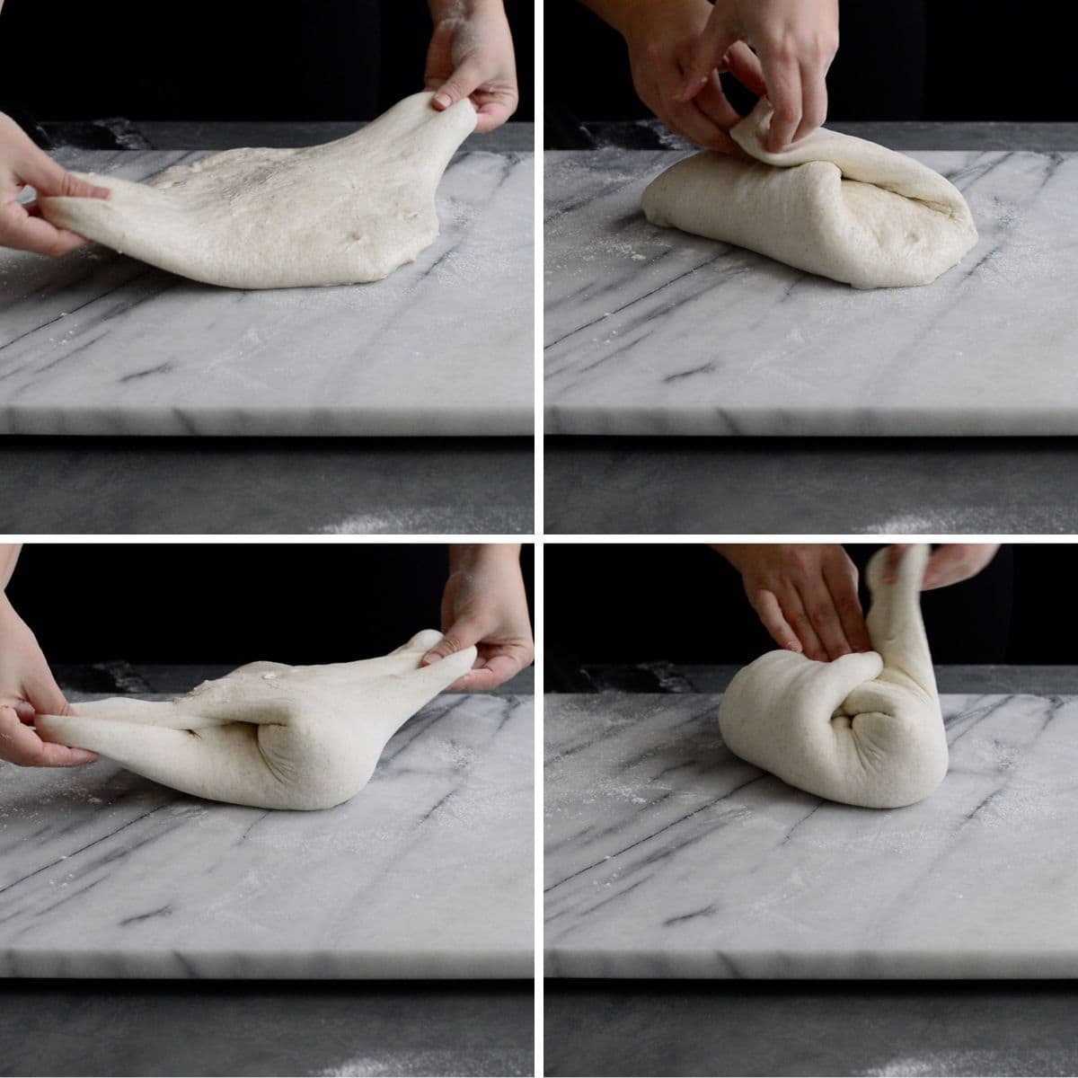 Four-panel image showing hands shaping artisan sourdough bread dough into a boule on a floured marble surface, illustrating steps from a sourdough bread recipe. Each panel demonstrates a different stage of folding and tucking to shape the dough perfectly.