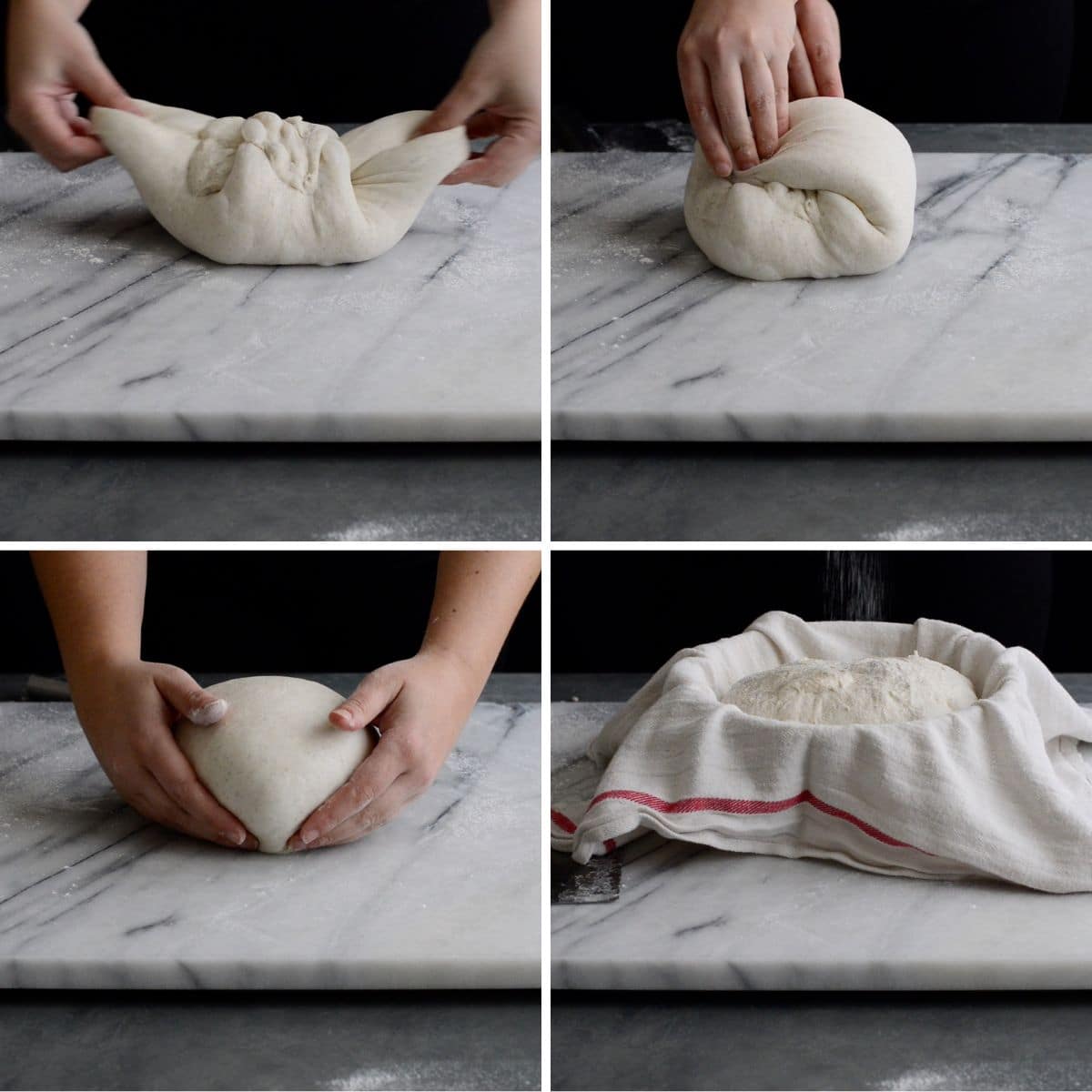 Four-panel image showing hands working through an artisan sourdough bread recipe: stretching the dough, folding it, shaping a smooth round loaf, and resting it in a cloth-lined bowl on a marble surface.