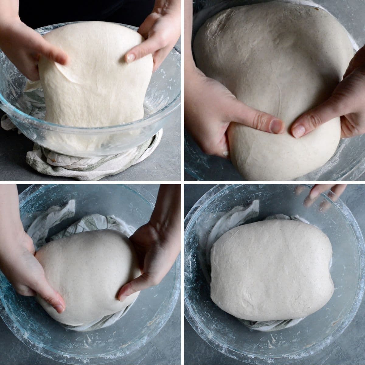 Four-panel image showing hands making coil folds - stretching and folding dough inside a glass bowl. The sequence illustrates key steps in a rustic artisan sourdough bread recipe, with each panel demonstrating different kneading or shaping techniques.