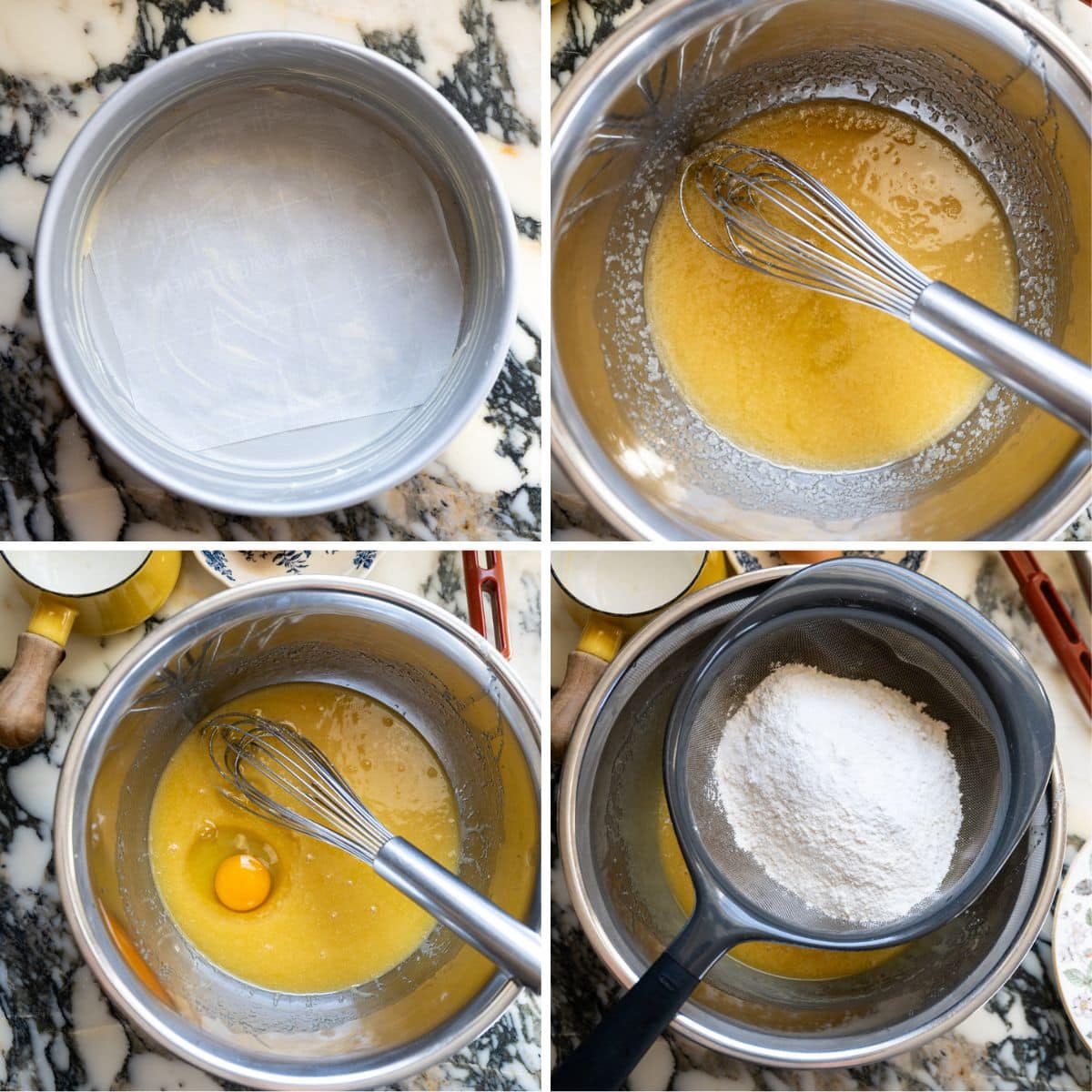 A collage of four images shows steps in a berry chantilly cake recipe: a round cake pan greased with butter, a mixing bowl with melted butter and a whisk, an egg being added, and flour sifted into the mixture.