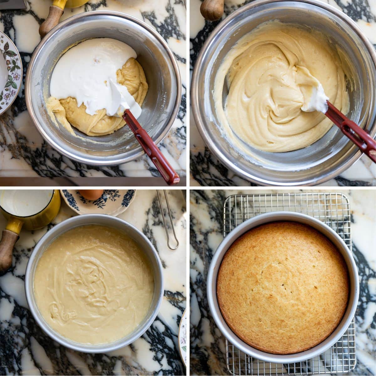 Four images show stages of making a berry chantilly cake recipe: folding a sour cream and buttermilk mixture into batter, mixing until smooth, pouring the batter into a baking pan, and the golden cake fully baked on a cooling rack.