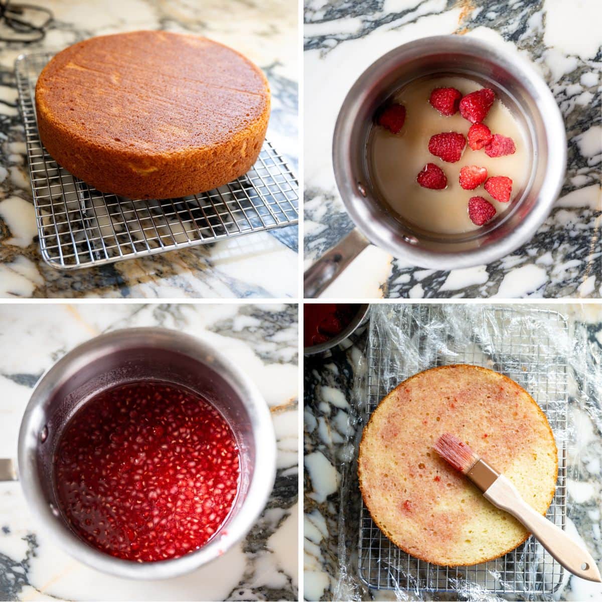 A four-step collage shows: a vanilla cake on a rack, raspberries, sugar and water in a pot, cooked raspberry syrup in the pot, and a cake layer being brushed with raspberry syrup—steps for a berry chantilly cake recipe.