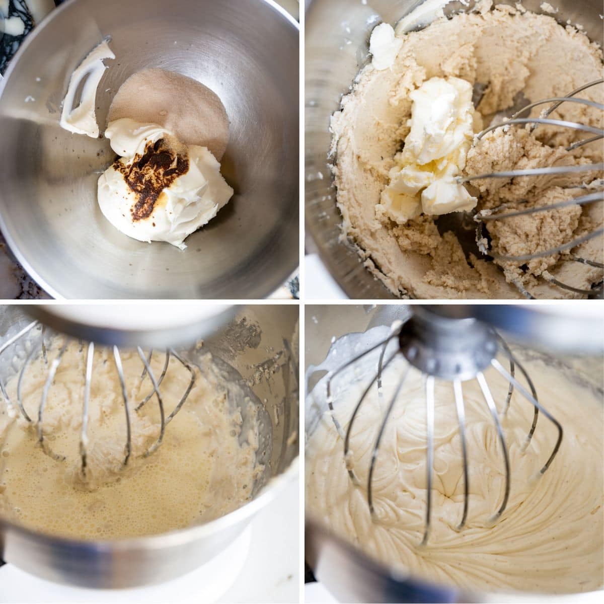 Four-panel image showing the process of mixing ingredients for berry chantilly cake frosting in a metal stand mixer bowl: mascarpone, soft cream cheese, sugar, heavy cream, and vanilla, gradually blended to a smooth, creamy mixture by the fourth panel.
