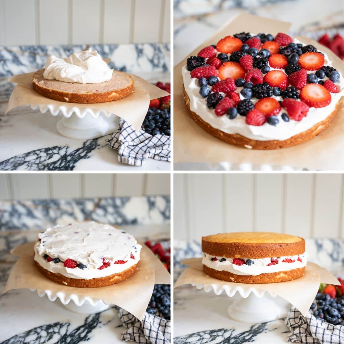 Four-step collage showing a cake being assembled: bottom layer topped with cream, then berries, more cream, and finally the top cake layer—illustrating a berry chantilly cake recipe. A checkered towel and loose berries rest on the marble counter.