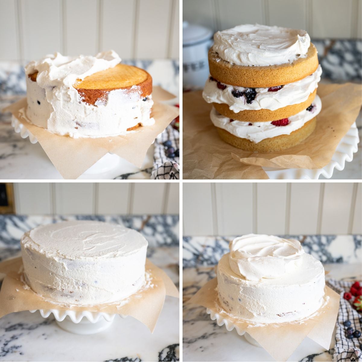 Four-step collage showing a berry chantilly cake recipe being assembled and frosted: top left, cake with partial frosting; top right, layers with berries and cream; bottom left, cake fully frosted; bottom right, frosting smoothed on top.