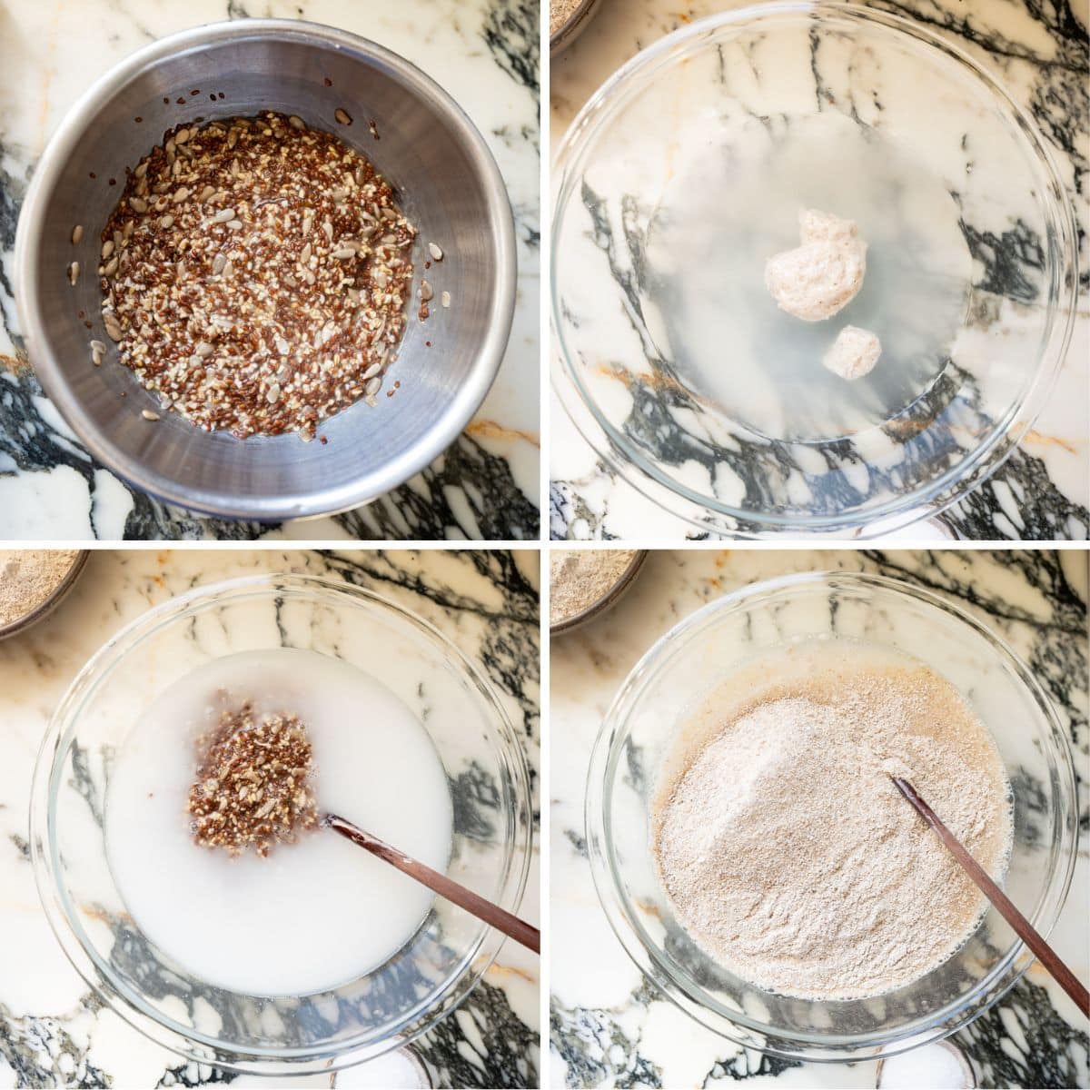 A four-panel image shows steps of making bread: soaking grains and seeds in a metal bowl, starter dough in a glass bowl, seeds added to water in a glass bowl, and flour mixture in a glass bowl for Danish rugbrød dough., all on a marble countertop.
