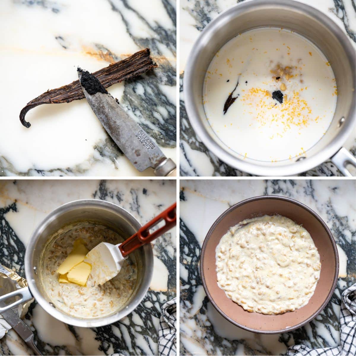 A four-step collage shows: a vanilla bean being sliced,simmering cooked wheat berries with milk, orange zest, and vanilla to make grano cotto, stirring butter into the mixture, and the finished creamy grano cotto mixture for Pastiera Napoletana