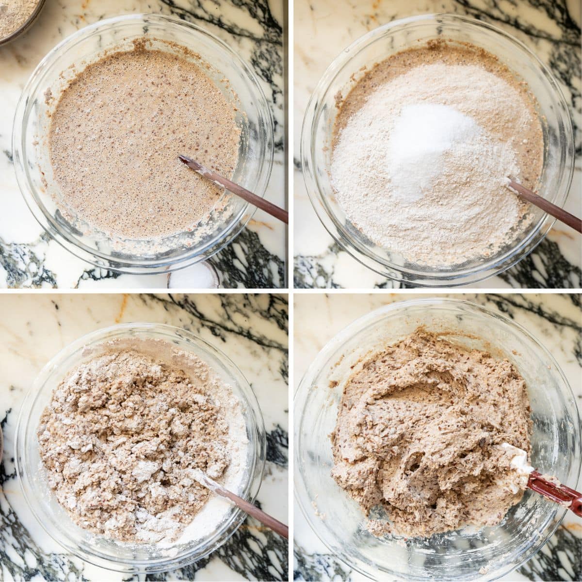 Process collage showing wet rugbrød dough texture as cracked rye, flours, and salt are mixed into a sticky batter-like Danish rye bread dough. all on a marble countertop with a spoon and spatula visible.