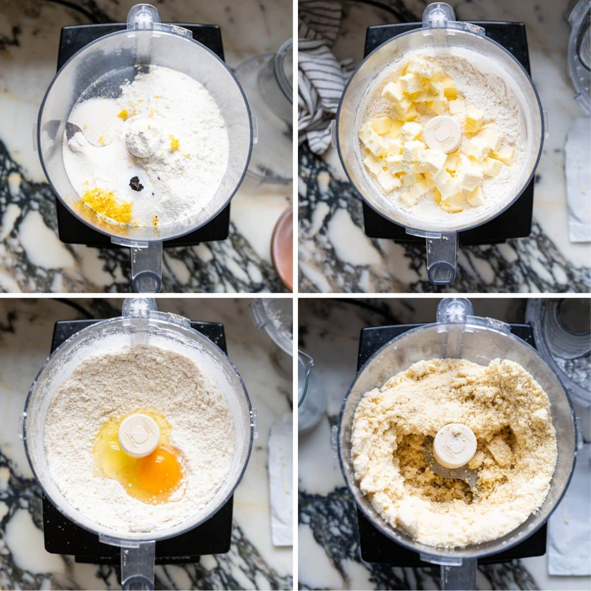 Mixing flour, butter, sugar, and egg to form pasta frolla dough for Pastiera Napoletana