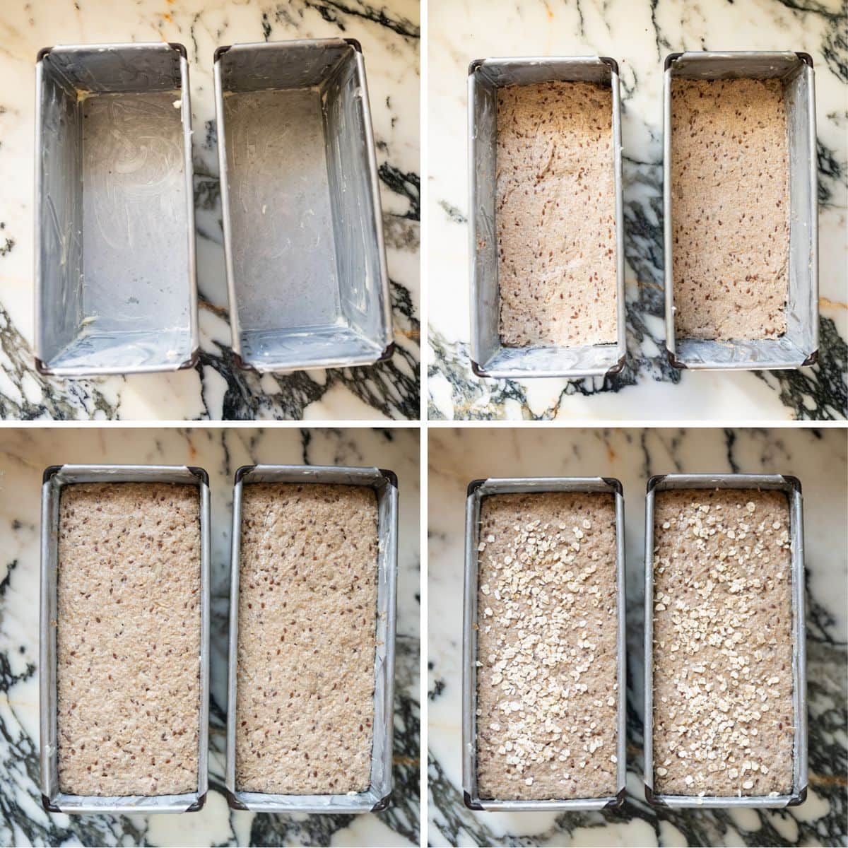 Collage showing greased Pullman pans, rugbrød dough spread in pans, covered bulk fermentation, and fully risen Danish rye bread dough ready to bake.