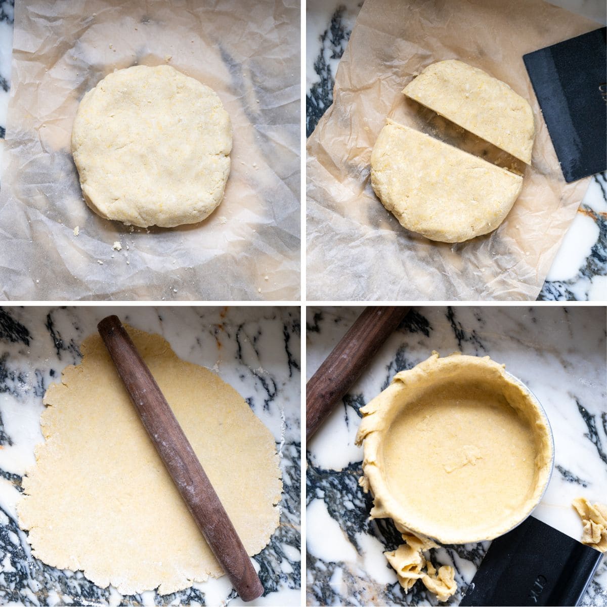 Rolling out pasta frolla dough to line a pie pan for Pastiera Napoletana