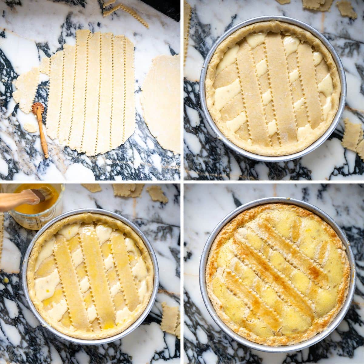 Four images show the process of making a lattice-topped Pastiera Napoletana: rolling and cutting dough strips, placing strips on the pie, brushing with egg wash, and the final baked golden Italian Easter grain pie.