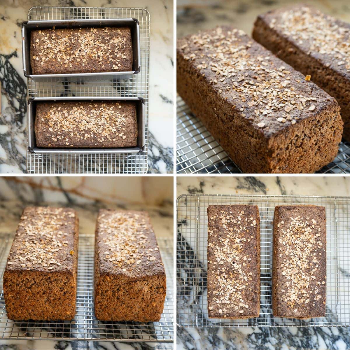 Step-by-step collage showing baked Danish rugbrød with dark crust, loaves removed from Pullman pans, and cooling on a wire rack before slicing.