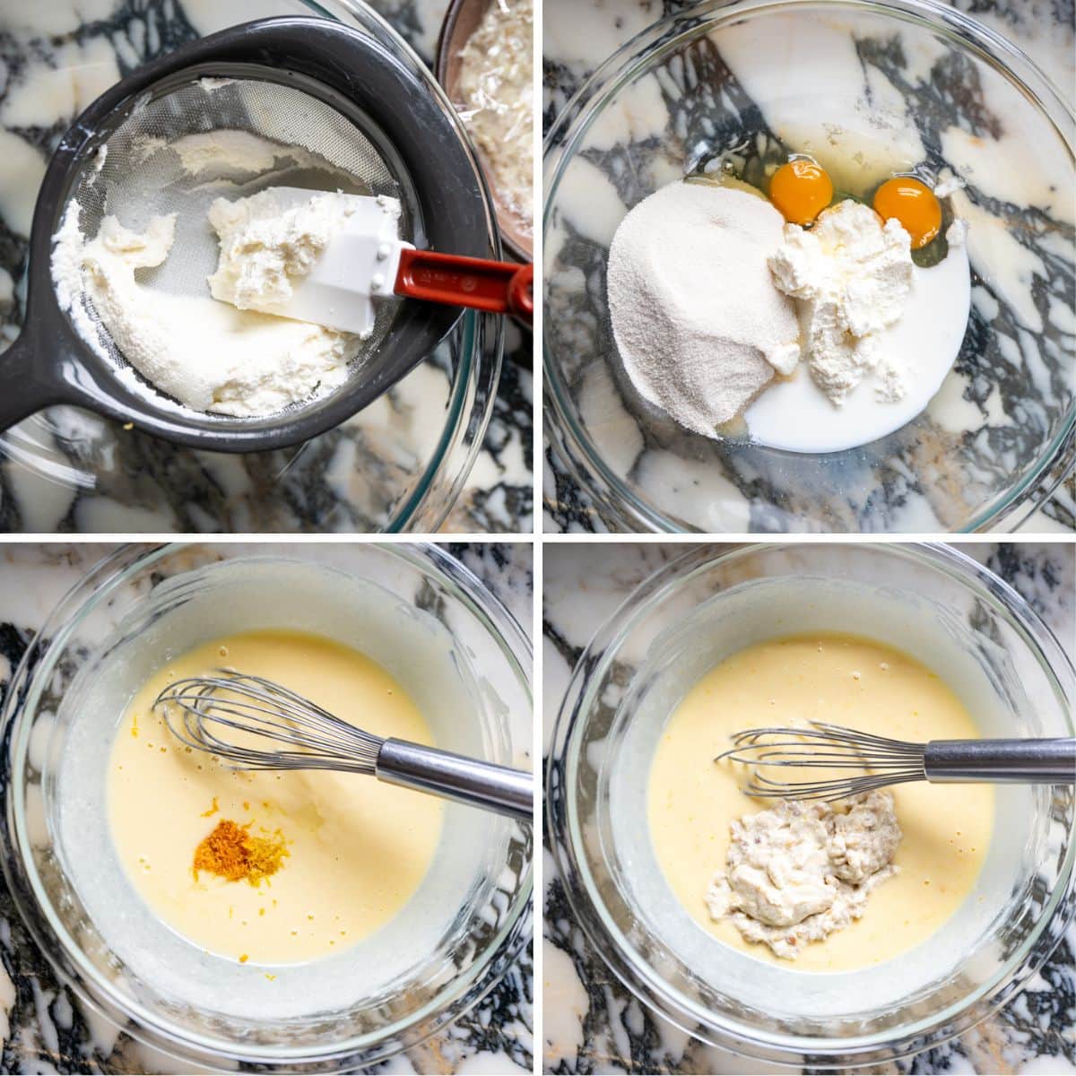 Whisking ricotta, eggs, sugar, milk, and grano cotto for Pastiera Napoletana filling