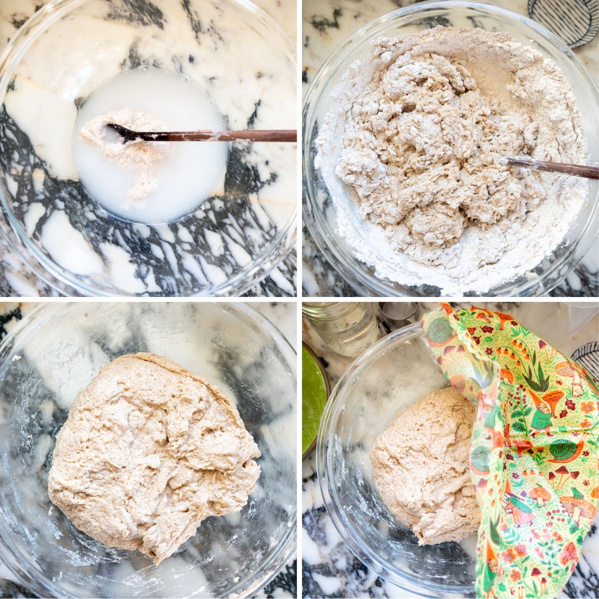 A four-step collage showing step-by-step mixing cinnamon raisin sourdough sandwich bread dough and covering bowl to rest
