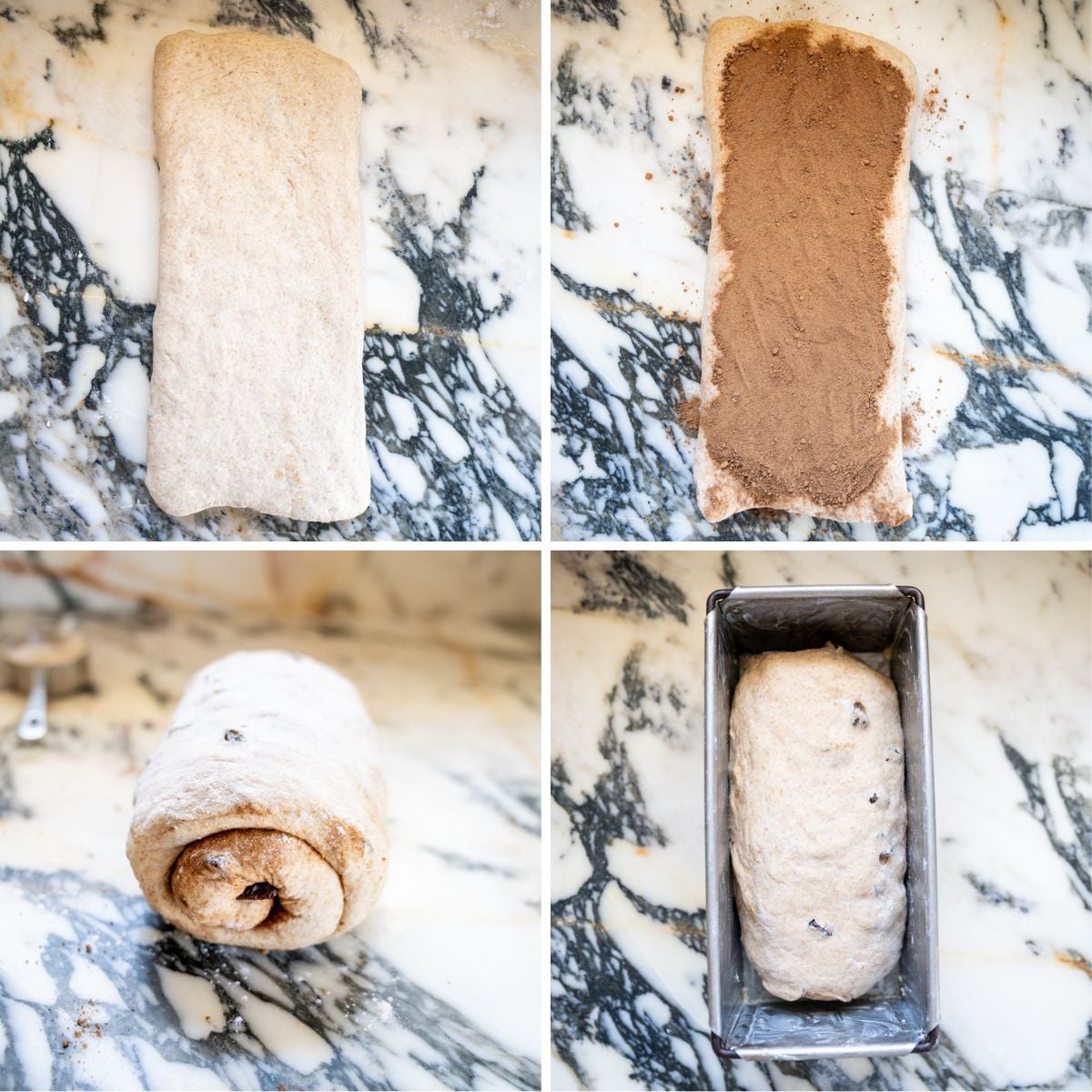 Four-step collage shows shaping sourdough cinnamon raisin swirl bread with cinnamon sugar filling, rolling into a log, and placing it in a greased loaf pan