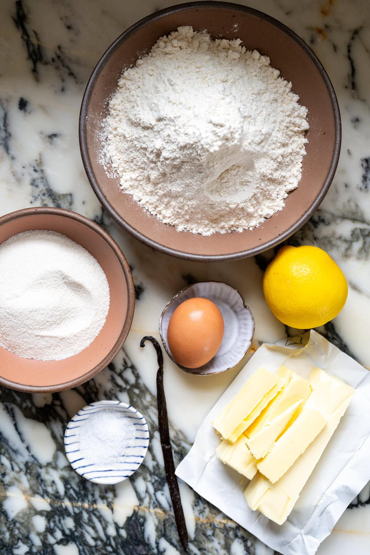 Ingredients for making pasta frolla Italian shortcrust pastry for Pastiera Napoletana.