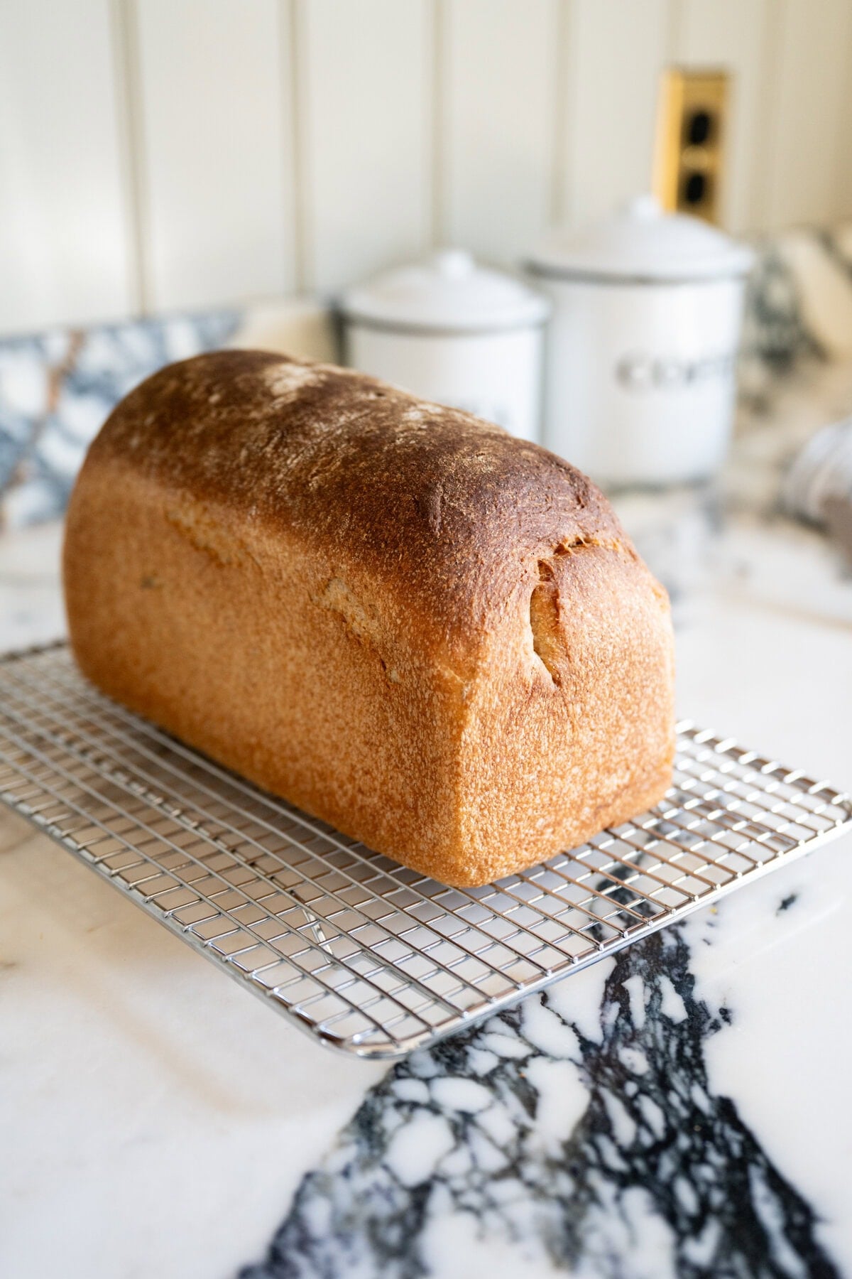 Soft sourdough sandwich loaf made with honey and whole wheat flour