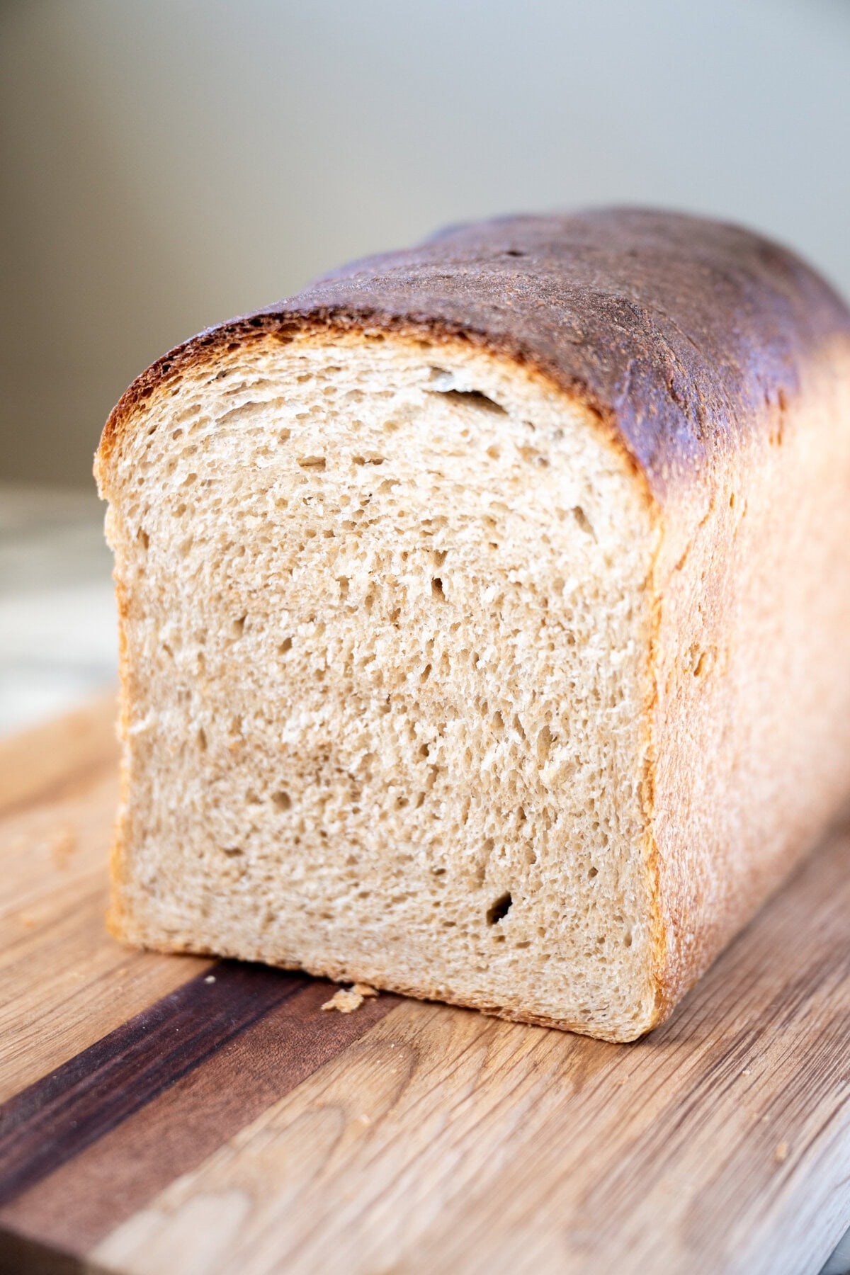 Close-up of soft whole wheat sourdough sandwich bread crumb texture