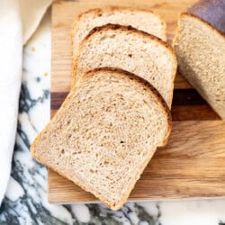 Sliced whole wheat sourdough sandwich bread with soft crumb