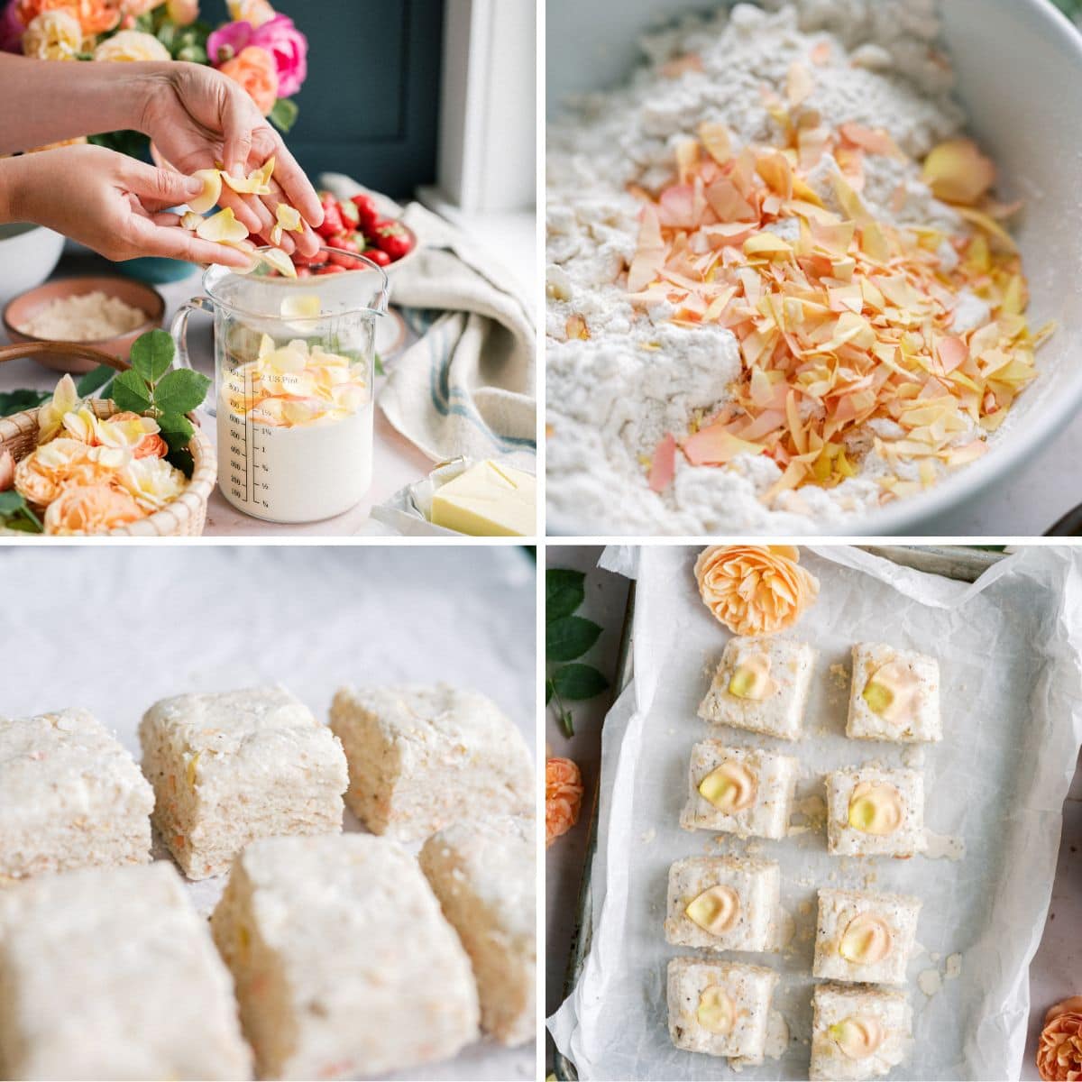 A collage shows: hands adding flower petals to cream for strawberry shortcake with biscuits, petals in a flour mixture, baked dessert squares on a white surface, and squares topped with petals on parchment. Flowers and baking ingredients are in the background.