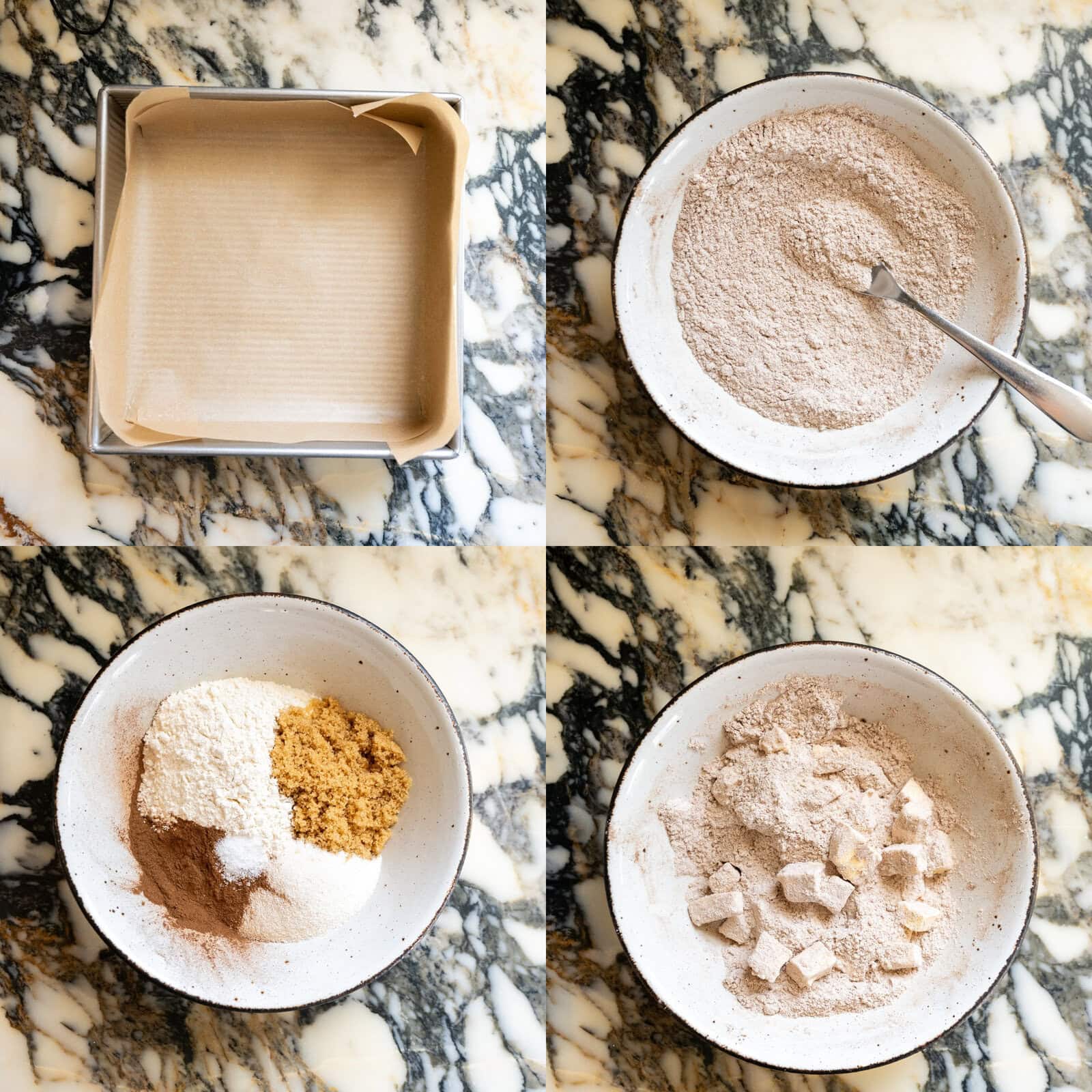 Four step-by-step photos showing a parchment-lined baking pan, dry streusel ingredients, mixed cinnamon crumb topping, and butter added to the crumb mixture for homemade blueberry crumb cake.