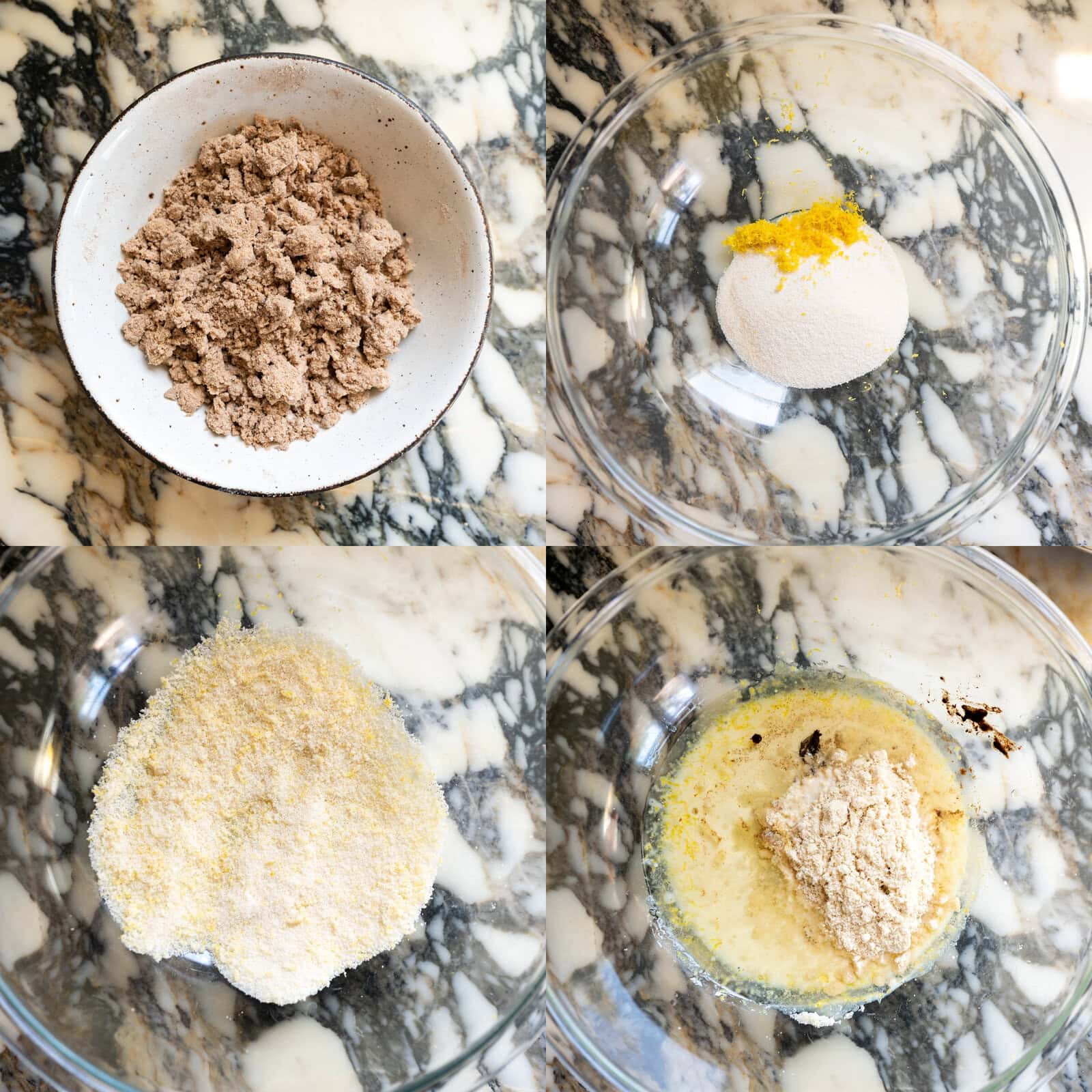 Four process photos showing lemon zest mixed with sugar, lemon sugar rubbed together, wet ingredients added, and the mixture whisked until smooth for blueberry crumb cake.