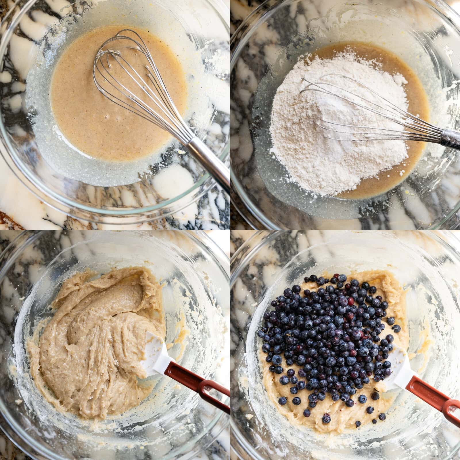 Four steps for preparing blueberry crumb cake batter: adding flour to the wet mixture, mixing until combined, adding fresh blueberries, and folding them into the batter.