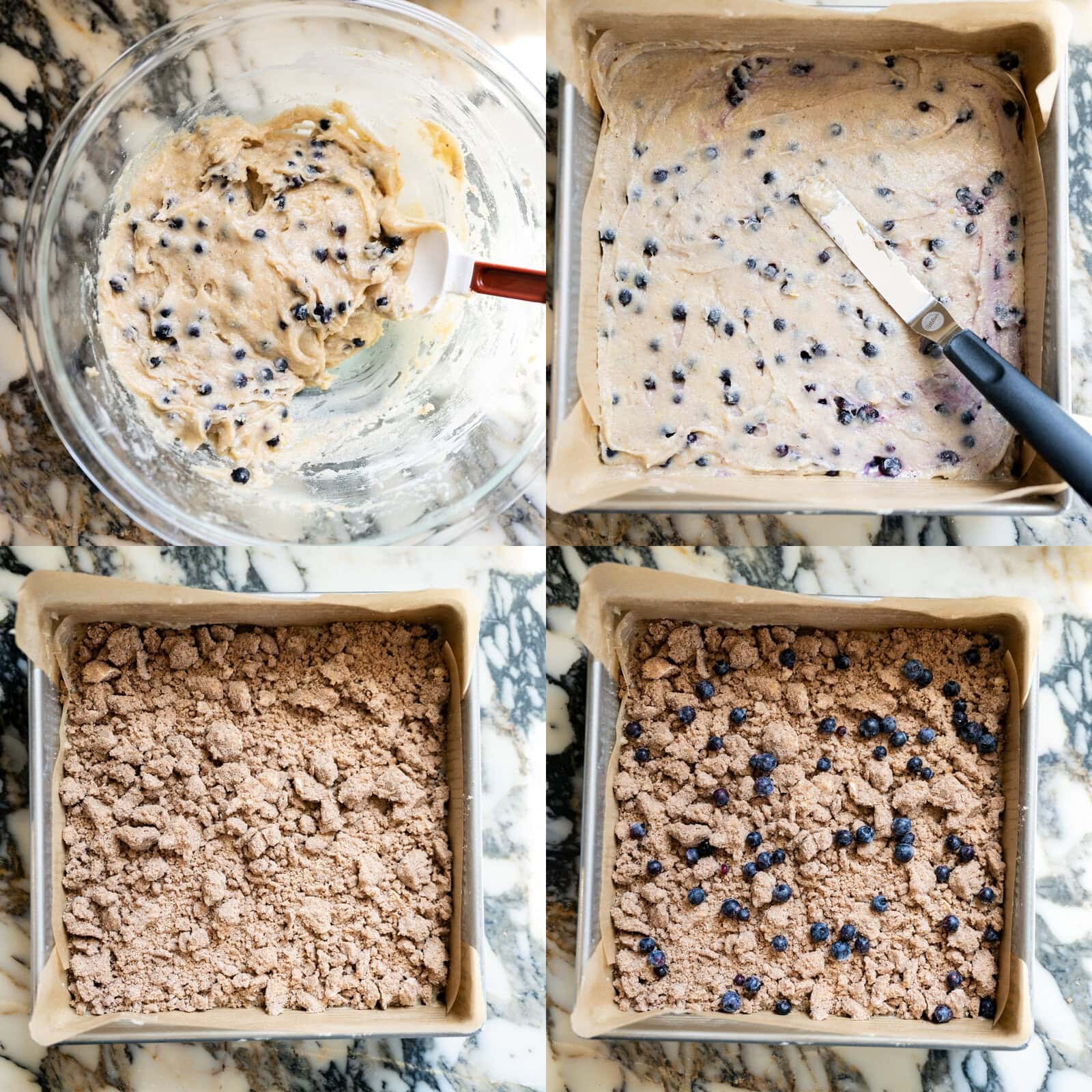 Four process photos showing blueberry cake batter spread into a square baking pan, covered with cinnamon streusel topping, and sprinkled with fresh blueberries.