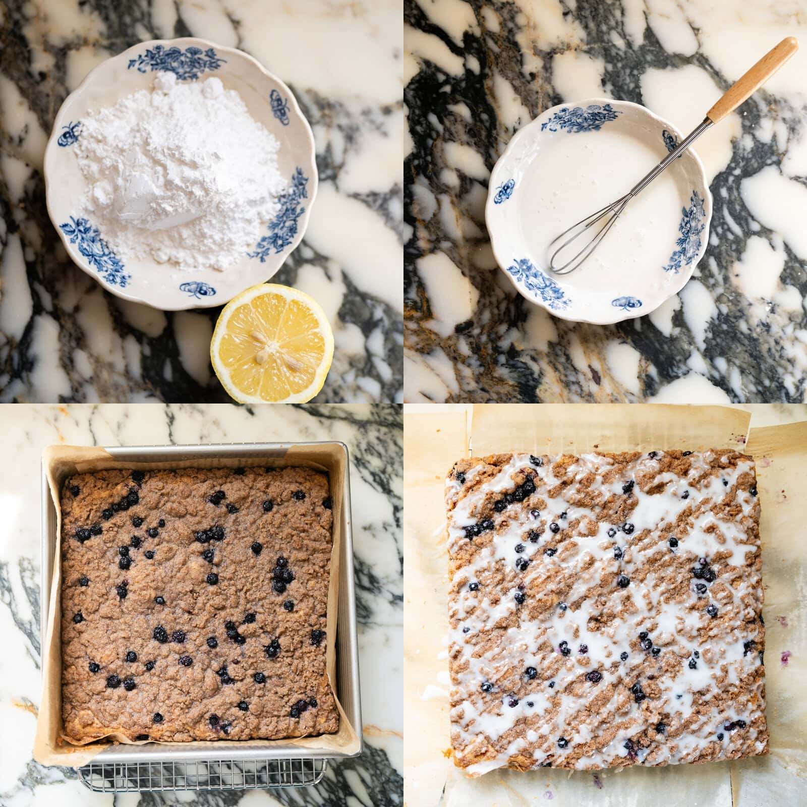 Four steps showing powdered sugar and lemon juice for glaze, whisked lemon icing, freshly baked blueberry crumb cake, and the finished cake drizzled with lemon glaze.